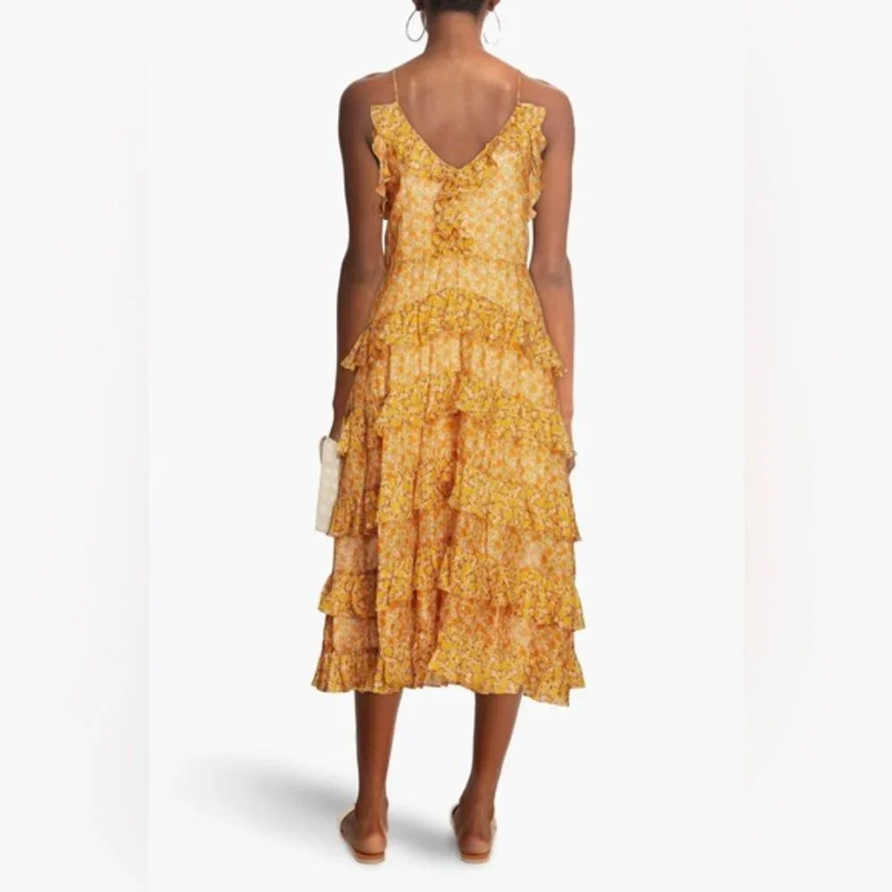 ❌❌SOLD❌❌450 MAJE Printed Cotton Voile Dress With Ruffles Orange | Womens Dresses - Picture 7 of 11